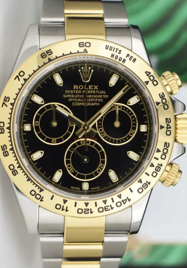 Racing Professional Watches | Sant Blanc 18kt Gold & Stainless Steel Daytona Black Index Dial Model 116503