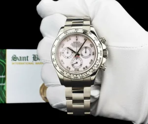 Racing Professional Watches | Sant Blanc 18kt White Gold Daytona Rose Mother of Pearl Arabic Dial Model 116509