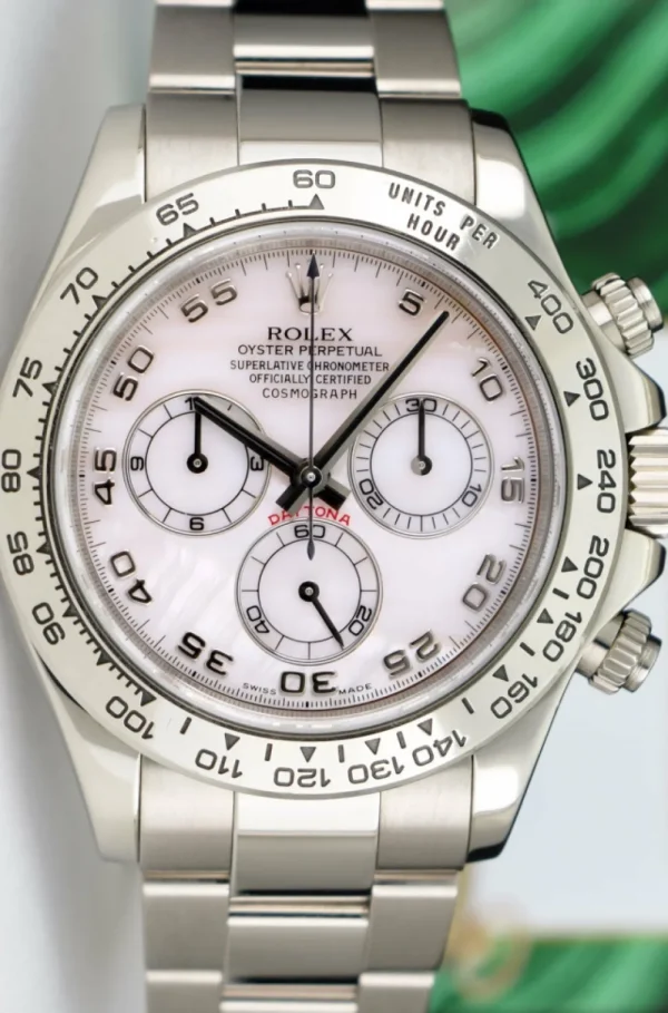 Racing Professional Watches | Sant Blanc 18kt White Gold Daytona Rose Mother of Pearl Arabic Dial Model 116509