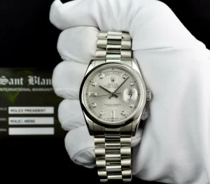 Men's Watches | President Dress Watches | Sant Blanc ROLEX - Day Date 36 Platinum President Silver Diamond Fat Buckle Model 118206