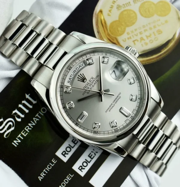 Men's Watches | President Dress Watches | Sant Blanc ROLEX - Day Date 36 Platinum President Silver Diamond Fat Buckle Model 118206
