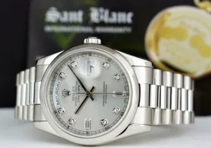 Men's Watches | President Dress Watches | Sant Blanc ROLEX - Day Date 36 Platinum President Silver Diamond Fat Buckle Model 118206