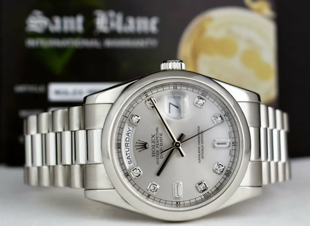 rolex__day_date__platinum_8.webp Men's Watches | President Dress Watches | Sant Blanc ROLEX - Day Date 36 Platinum President Silver Diamond Fat Buckle Model 118206