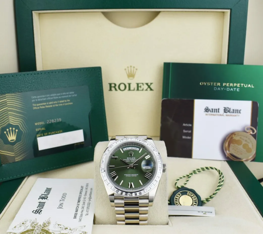 rolex__kt_white_gold_day__0.webp President Dress Watches | Sant Blanc ROLEX - 18kt White Gold Day Date 40 President Green Dial Custom Baguette Diamond Bezel Model 228239