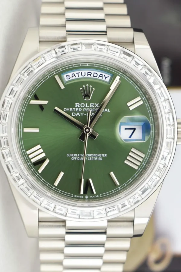 President Dress Watches | Sant Blanc ROLEX - 18kt White Gold Day Date 40 President Green Dial Custom Baguette Diamond Bezel Model 228239