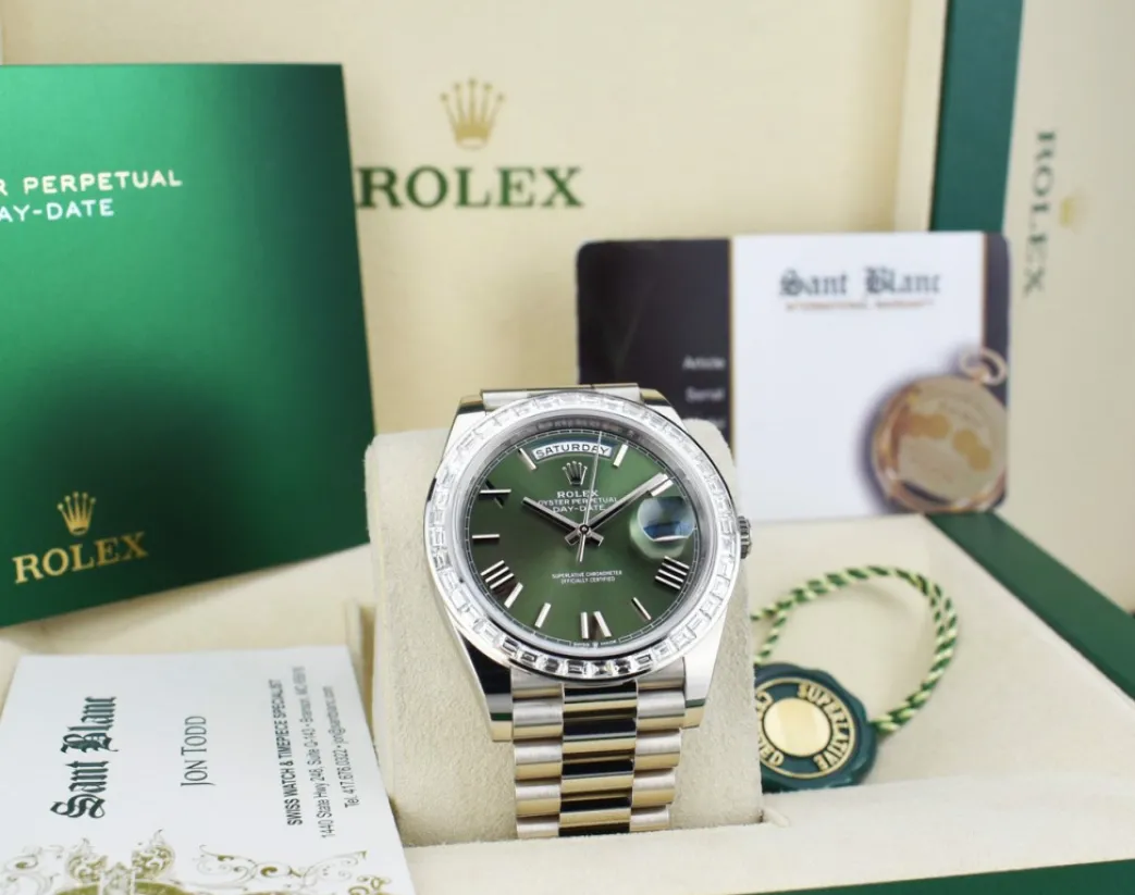 rolex__kt_white_gold_day__2.webp President Dress Watches | Sant Blanc ROLEX - 18kt White Gold Day Date 40 President Green Dial Custom Baguette Diamond Bezel Model 228239