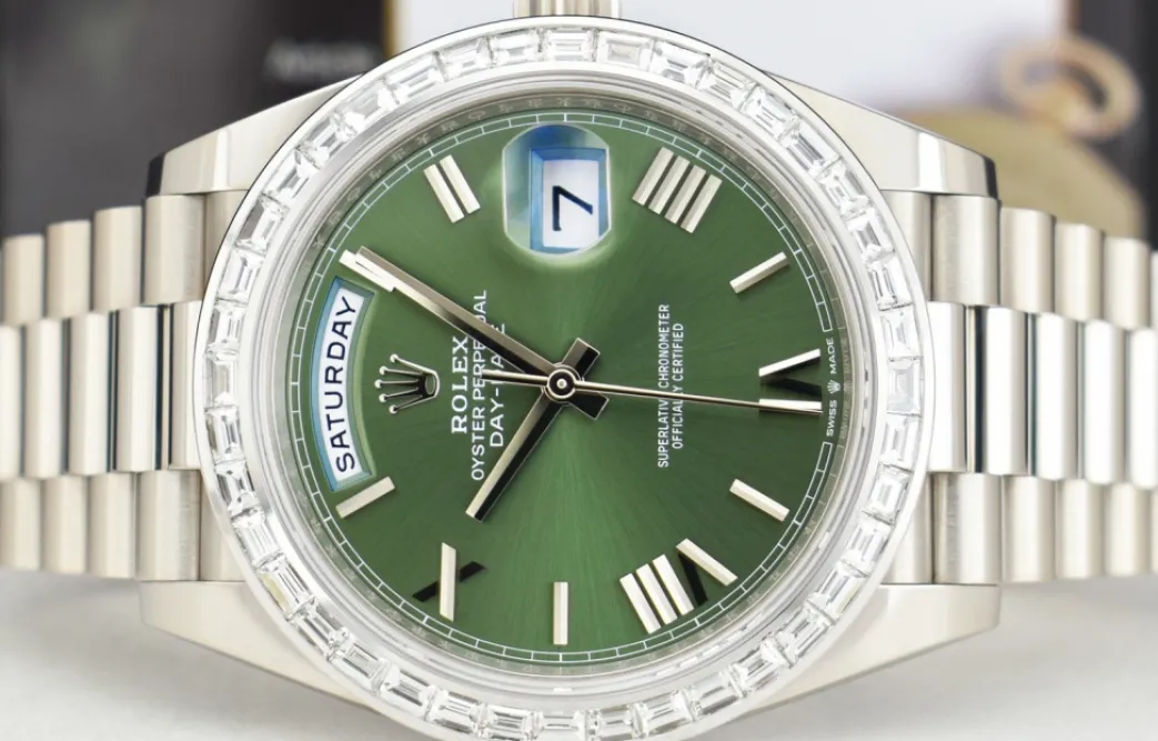 rolex__kt_white_gold_day__3.webp President Dress Watches | Sant Blanc ROLEX - 18kt White Gold Day Date 40 President Green Dial Custom Baguette Diamond Bezel Model 228239