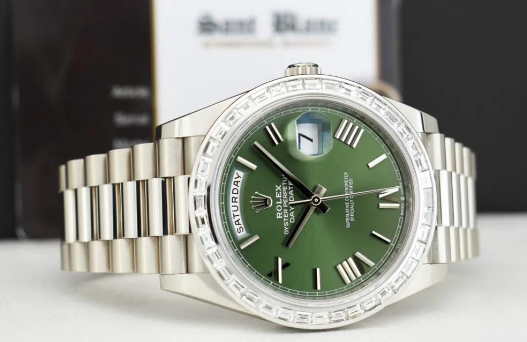 rolex__kt_white_gold_day__4.webp President Dress Watches | Sant Blanc ROLEX - 18kt White Gold Day Date 40 President Green Dial Custom Baguette Diamond Bezel Model 228239