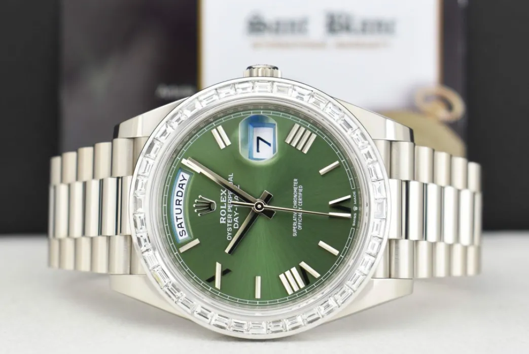 rolex__kt_white_gold_day__5.webp President Dress Watches | Sant Blanc ROLEX - 18kt White Gold Day Date 40 President Green Dial Custom Baguette Diamond Bezel Model 228239
