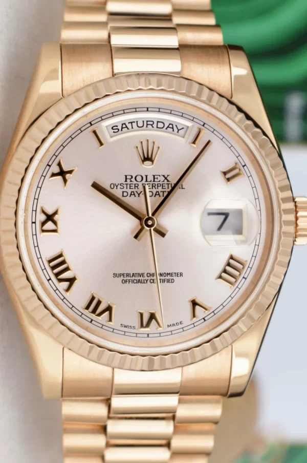 President Dress Watches | Sant Blanc ROLEX Everose Gold Day Date President Rose Roman Fluted Bezel Model 118235