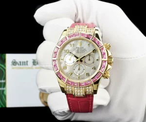 Racing Professional Watches | Sant Blanc ROLEX Gold Daytona Mother of Pearl Custom Pink Baguette Bezel Diamonds Model 16518