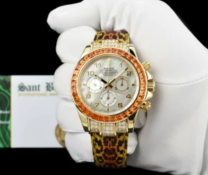 Racing Professional Watches | Sant Blanc ROLEX Gold Daytona Mother of Pearl Dial Custom Cognac Bezel Safari Strap Model 16518
