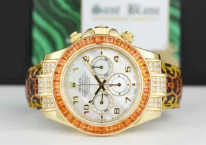 Racing Professional Watches | Sant Blanc ROLEX Gold Daytona Mother of Pearl Dial Custom Cognac Bezel Safari Strap Model 16518