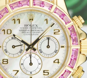 Racing Professional Watches | Sant Blanc ROLEX Gold Daytona Mother of Pearl Custom Pink Baguette Bezel Diamonds Model 16518