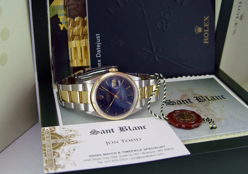 rolex_kt_gold__stainless__1-8.webp Men's Watches | Dress Watches | Sant Blanc ROLEX 18kt Gold & Stainless Steel DateJust Blue Stick Dial Model 16203