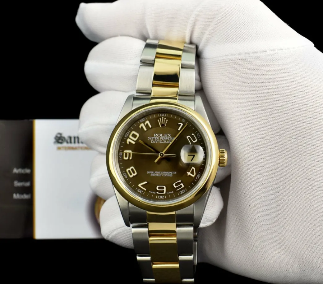 rolex_kt_gold__stainless__1-9.webp Men's Watches | Dress Watches | Sant Blanc ROLEX 18kt Gold & Stainless Steel DateJust Chocolate Arabic Dial Oyster Band Model 16203
