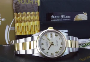 Men's Watches | Dress Watches | Sant Blanc ROLEX 18kt Gold & Stainless DateJust Ivory Pyramid Roman Dial Model 16203