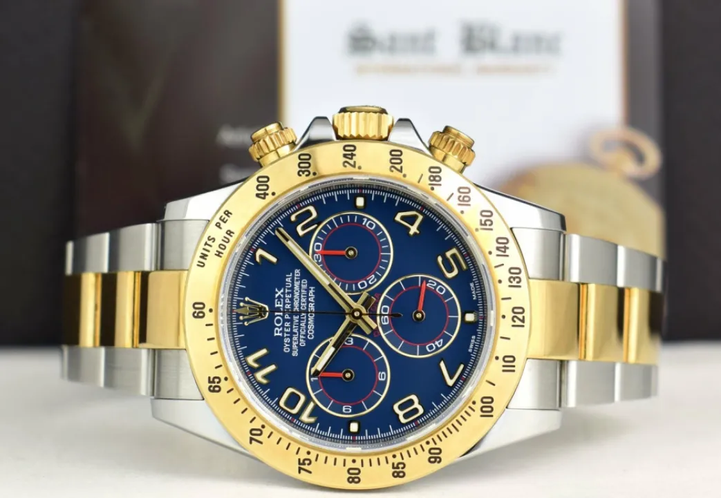 rolex_kt_gold__stainless__3-19.webp Sports Watches | Men's Watches | Sant Blanc ROLEX 18kt Gold & Stainless Daytona Blue Arabic Dial Fat Buckle Model 116523