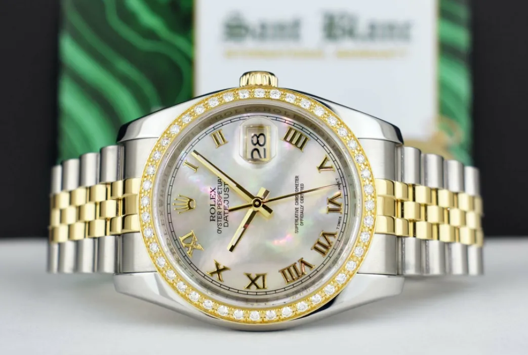 rolex_kt_gold__stainless__3.webp Dress Watches | Sant Blanc ROLEX 18kt Gold & Stainless Steel DateJust Mother of Pearl Roman Model 116233