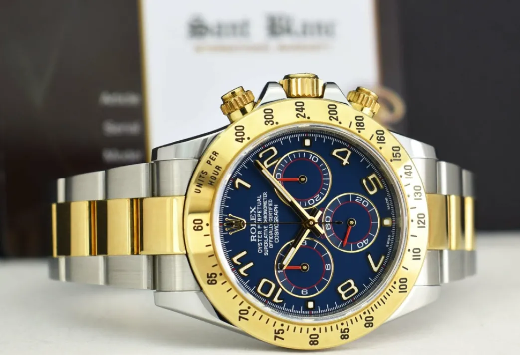 rolex_kt_gold__stainless__5-21.webp Sports Watches | Men's Watches | Sant Blanc ROLEX 18kt Gold & Stainless Daytona Blue Arabic Dial Fat Buckle Model 116523