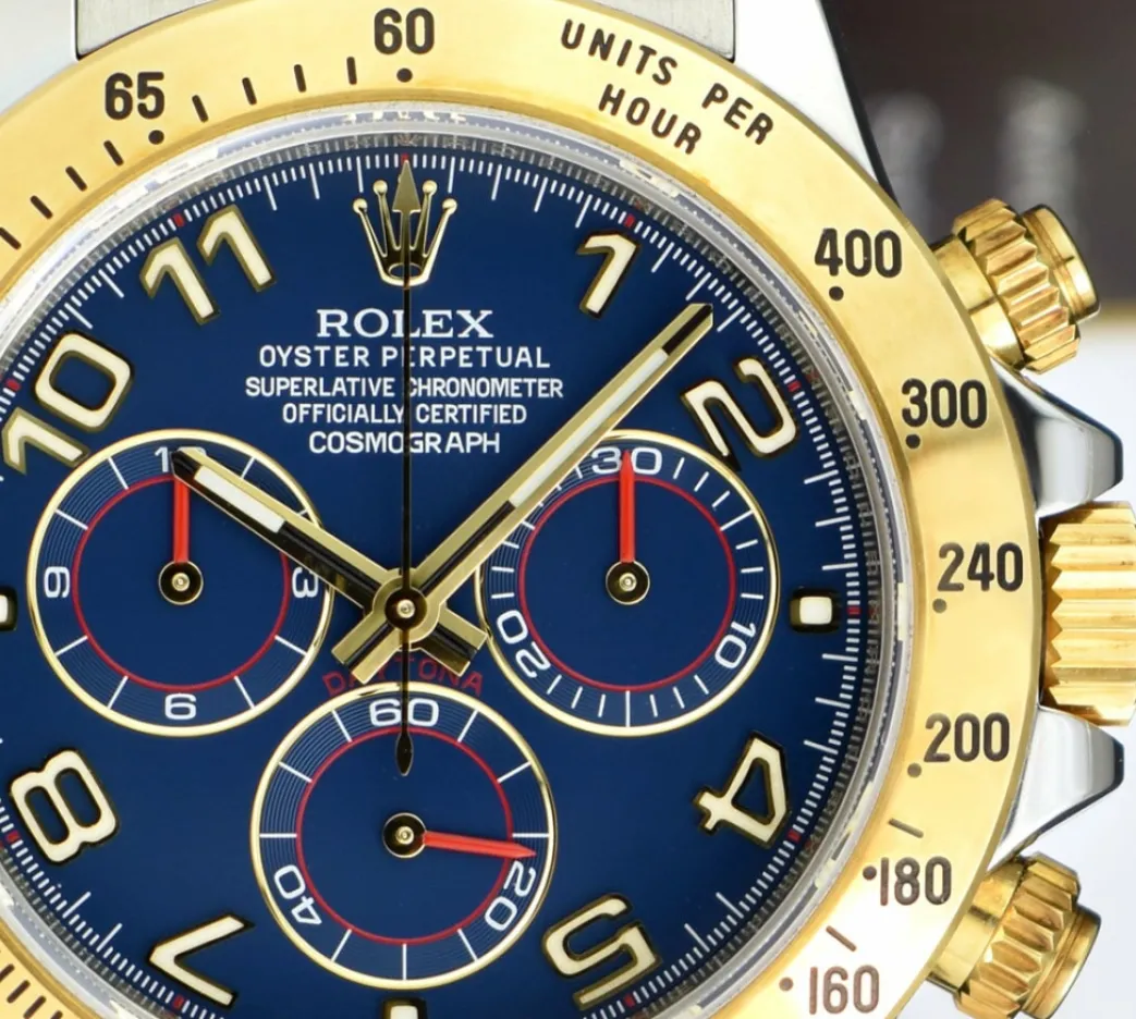 rolex_kt_gold__stainless__8-11.webp Sports Watches | Men's Watches | Sant Blanc ROLEX 18kt Gold & Stainless Daytona Blue Arabic Dial Fat Buckle Model 116523