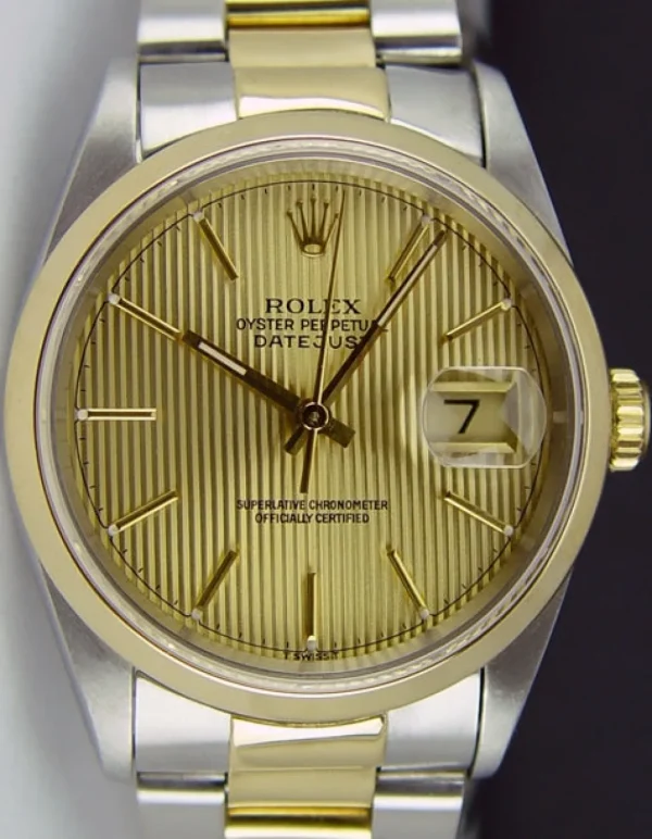 Men's Watches | Dress Watches | Sant Blanc ROLEX 18kt Gold & Stainless Steel DateJust Champagne Tapestry Stick Dial Model 16203
