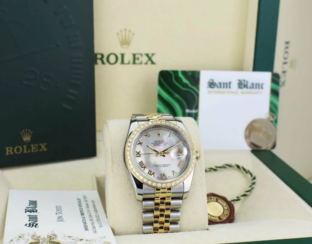 rolex_kt_gold__stainless__8.webp Dress Watches | Sant Blanc ROLEX 18kt Gold & Stainless Steel DateJust Mother of Pearl Roman Model 116233