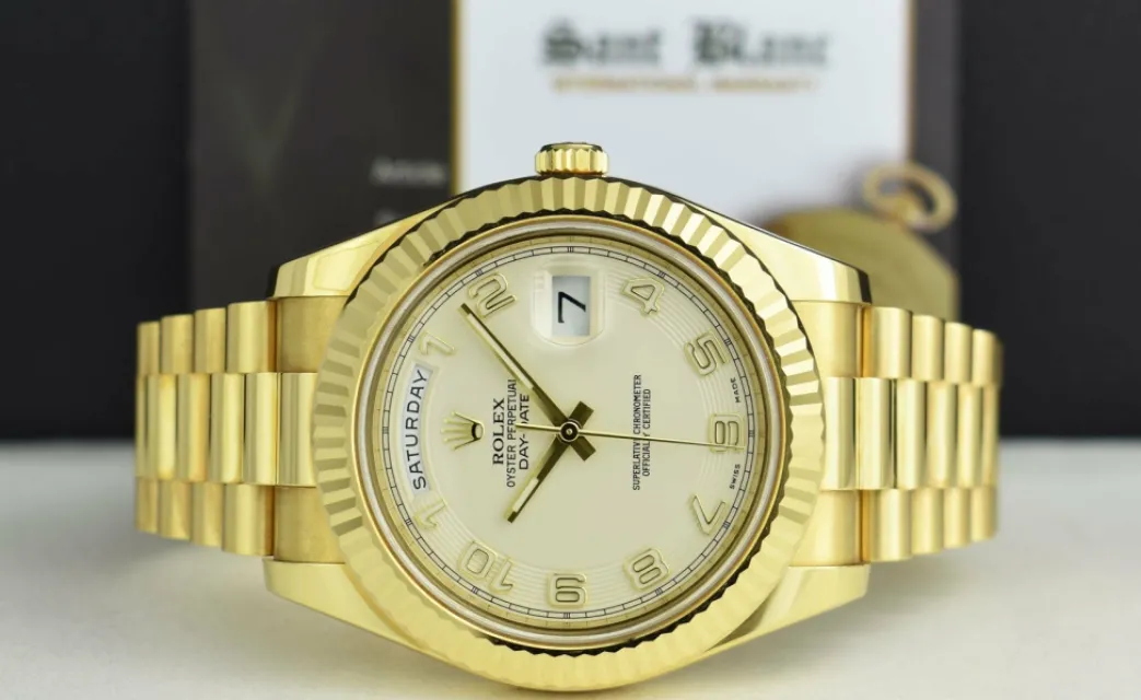 rolex_kt_gold_day_date_ii_2.webp Men's Watches | President Dress Watches | Sant Blanc ROLEX 18kt Gold Day Date II President Ivory Concentric Dial Model 218238