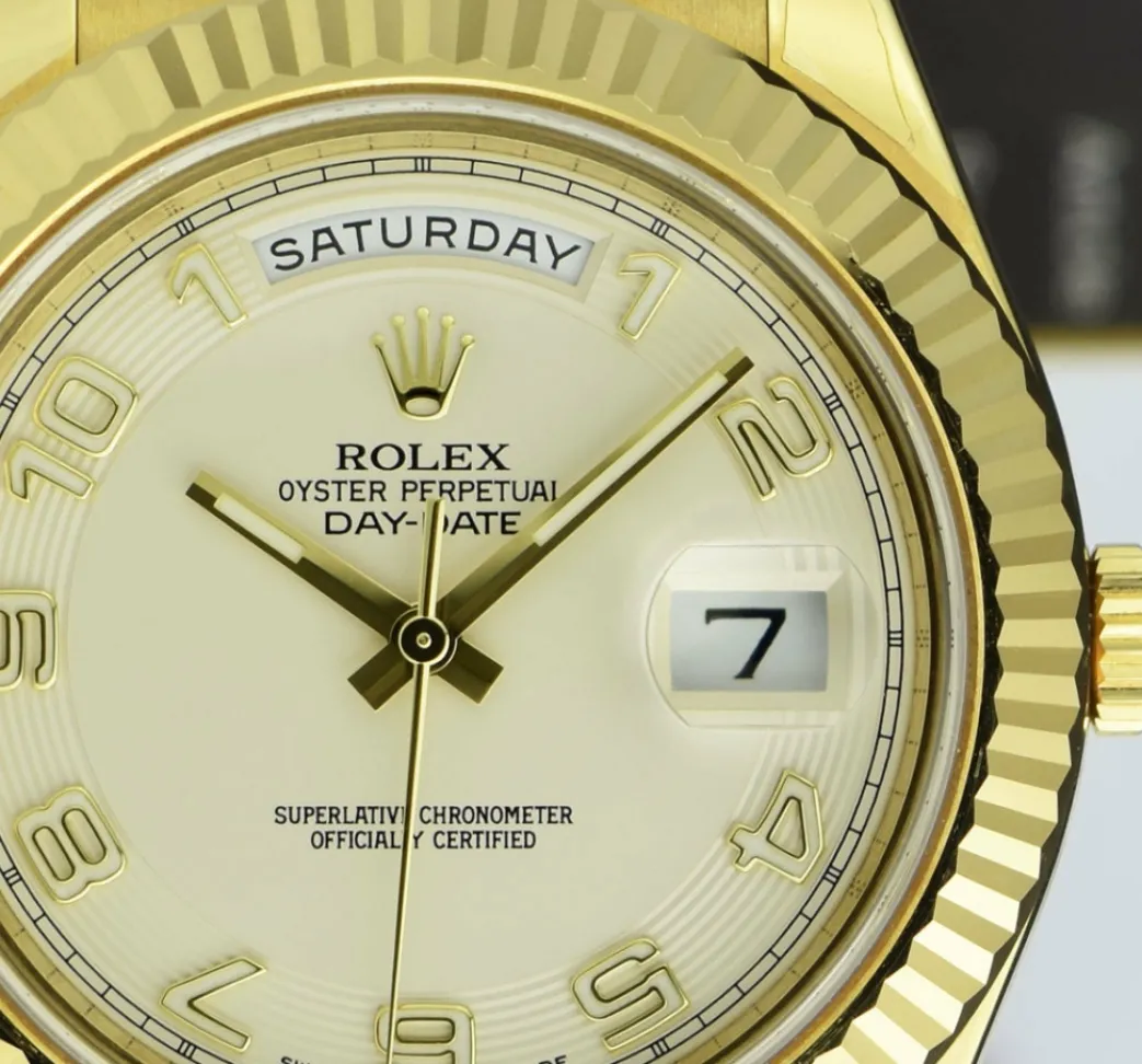 rolex_kt_gold_day_date_ii_6.webp Men's Watches | President Dress Watches | Sant Blanc ROLEX 18kt Gold Day Date II President Ivory Concentric Dial Model 218238