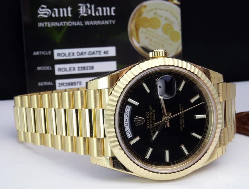 rolex_kt_gold_daydate__bl_2.webp Men's Watches | President Dress Watches | Sant Blanc Rolex 18kt Gold DayDate 40 Black Diagonal Motif Model 228238