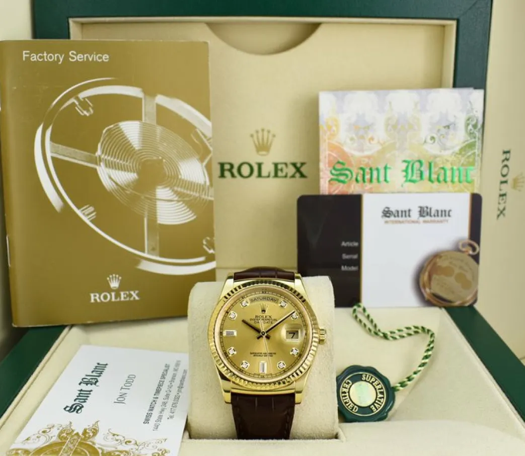 rolex_kt_gold_daydate__pr_0.webp President Dress Watches | Sant Blanc ROLEX 18kt Gold DayDate 36 President On The Strap Diamond Dial Model 118138