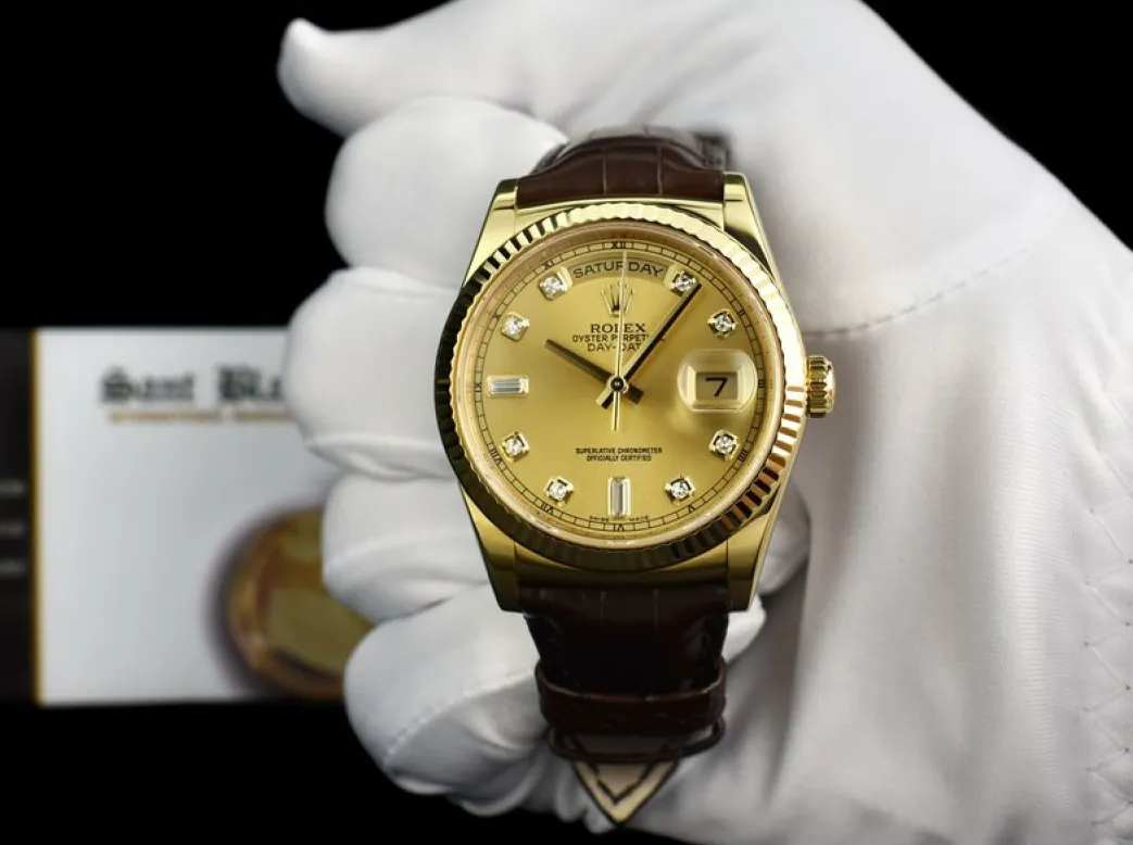 rolex_kt_gold_daydate__pr_1.webp President Dress Watches | Sant Blanc ROLEX 18kt Gold DayDate 36 President On The Strap Diamond Dial Model 118138