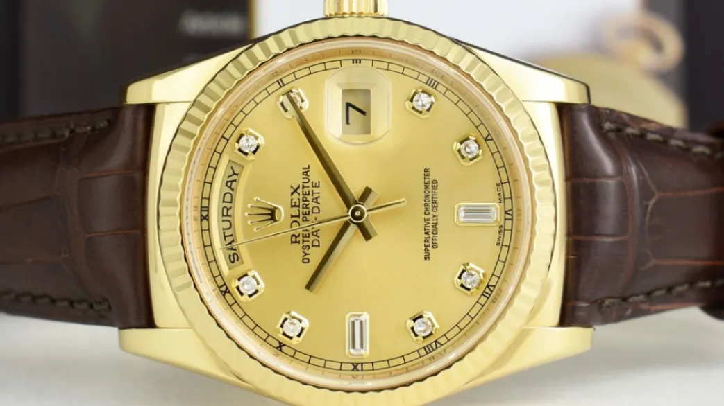 rolex_kt_gold_daydate__pr_2.webp President Dress Watches | Sant Blanc ROLEX 18kt Gold DayDate 36 President On The Strap Diamond Dial Model 118138
