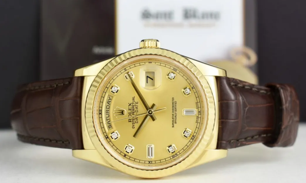 rolex_kt_gold_daydate__pr_4.webp President Dress Watches | Sant Blanc ROLEX 18kt Gold DayDate 36 President On The Strap Diamond Dial Model 118138