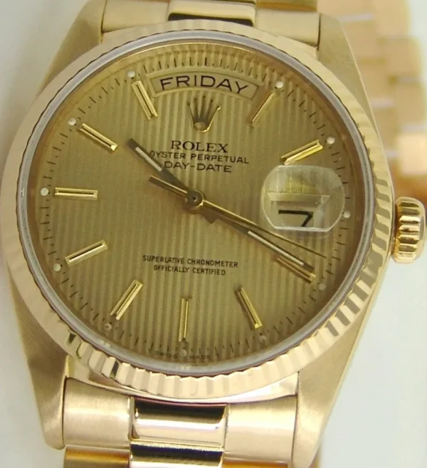 Men's Watches | President Dress Watches | Sant Blanc ROLEX 18kt Gold DayDate President Champagne Tapestry Stick Dial Model 18238