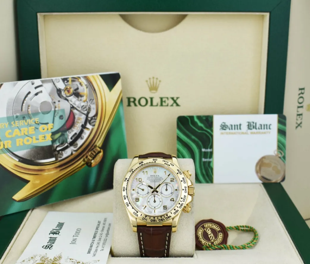 rolex_kt_gold_daytona_bro_0.webp Racing Professional Watches | Sant Blanc ROLEX 18kt Gold Daytona Brown Leather Strap Mother of Pearl Arabic Dial Model 16518