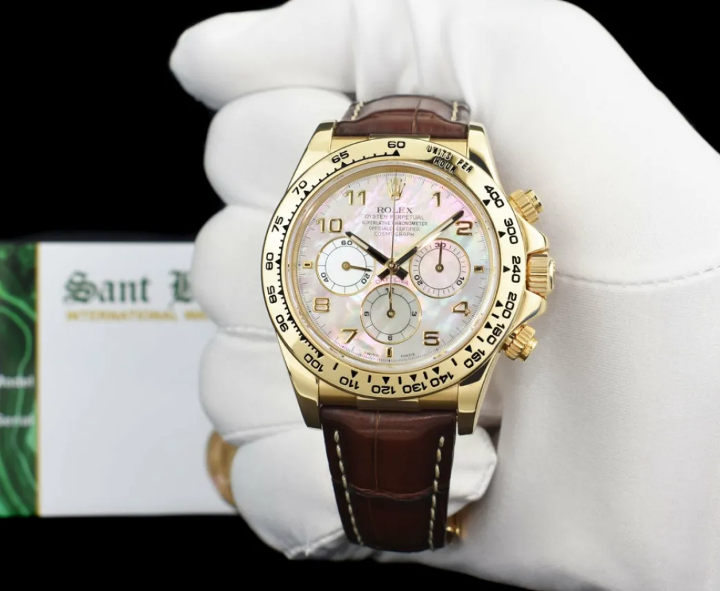 rolex_kt_gold_daytona_bro_1.webp Racing Professional Watches | Sant Blanc ROLEX 18kt Gold Daytona Brown Leather Strap Mother of Pearl Arabic Dial Model 16518