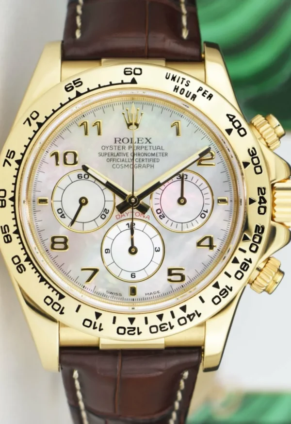 Racing Professional Watches | Sant Blanc ROLEX 18kt Gold Daytona Brown Leather Strap Mother of Pearl Arabic Dial Model 16518