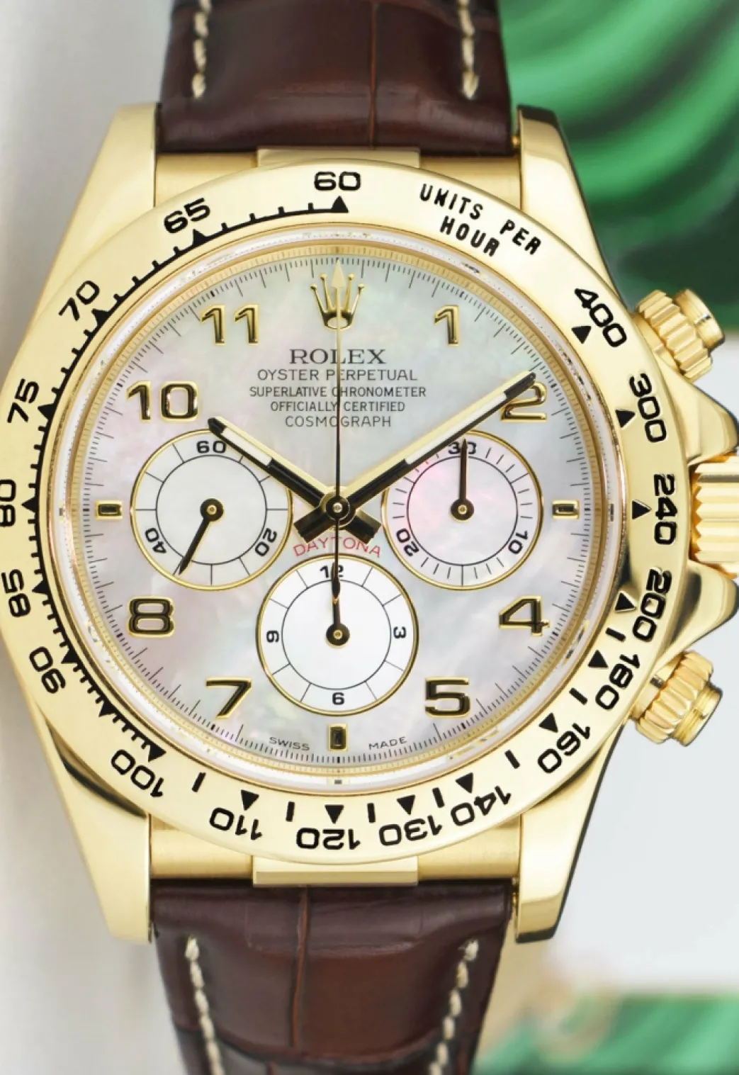 rolex_kt_gold_daytona_bro_2.webp Racing Professional Watches | Sant Blanc ROLEX 18kt Gold Daytona Brown Leather Strap Mother of Pearl Arabic Dial Model 16518