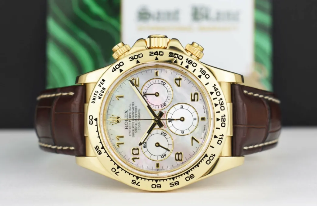 rolex_kt_gold_daytona_bro_3.webp Racing Professional Watches | Sant Blanc ROLEX 18kt Gold Daytona Brown Leather Strap Mother of Pearl Arabic Dial Model 16518