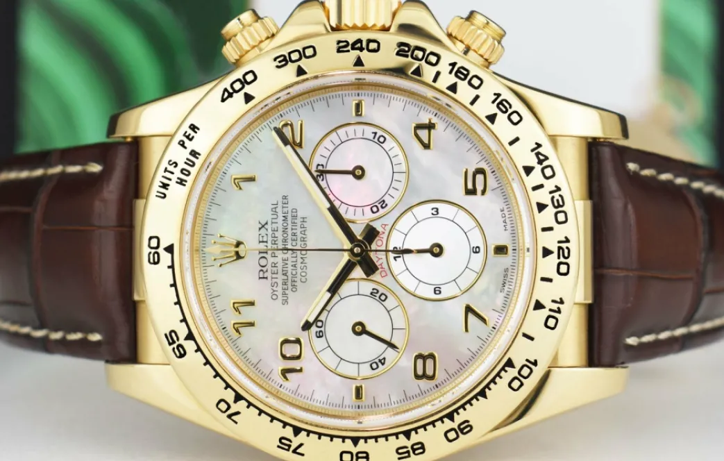 rolex_kt_gold_daytona_bro_5.webp Racing Professional Watches | Sant Blanc ROLEX 18kt Gold Daytona Brown Leather Strap Mother of Pearl Arabic Dial Model 16518
