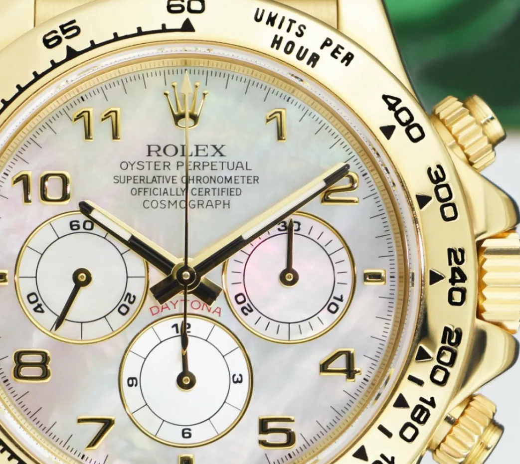 rolex_kt_gold_daytona_bro_7.webp Racing Professional Watches | Sant Blanc ROLEX 18kt Gold Daytona Brown Leather Strap Mother of Pearl Arabic Dial Model 16518