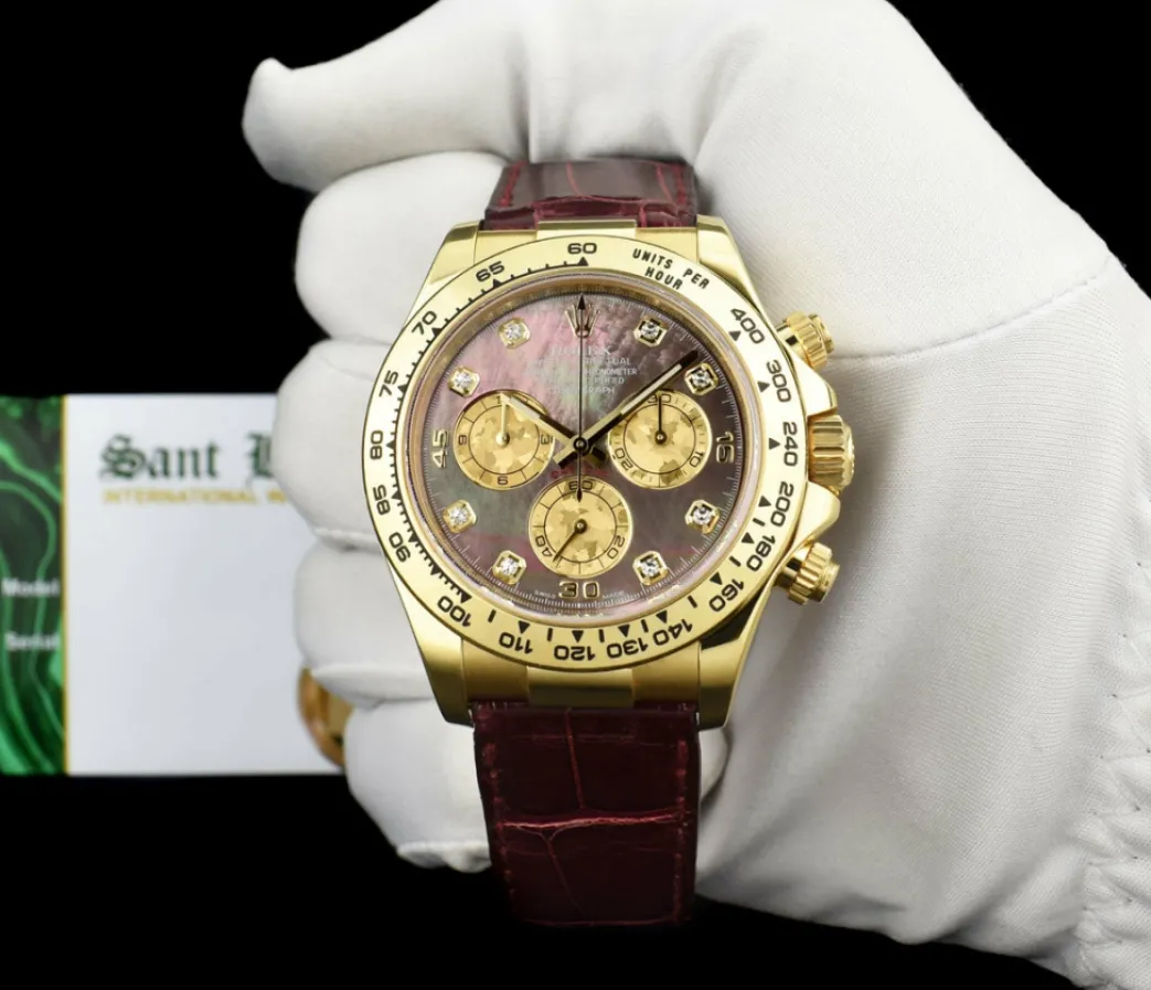 rolex_kt_gold_daytona_bur_1.webp Men's Watches | Racing Professional Watches | Sant Blanc ROLEX 18kt Gold DAYTONA Burgundy Strap Tahitian MOP Diamond Dial Model 116518