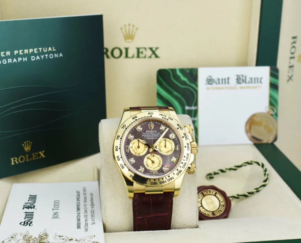rolex_kt_gold_daytona_bur_2.webp Men's Watches | Racing Professional Watches | Sant Blanc ROLEX 18kt Gold DAYTONA Burgundy Strap Tahitian MOP Diamond Dial Model 116518