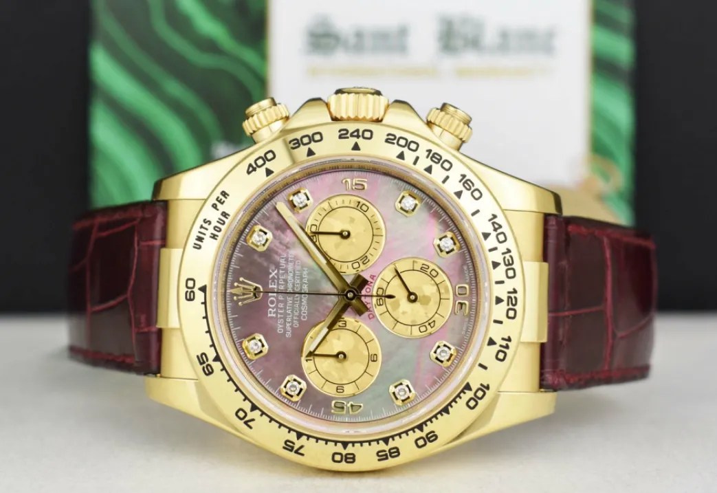 rolex_kt_gold_daytona_bur_3.webp Men's Watches | Racing Professional Watches | Sant Blanc ROLEX 18kt Gold DAYTONA Burgundy Strap Tahitian MOP Diamond Dial Model 116518