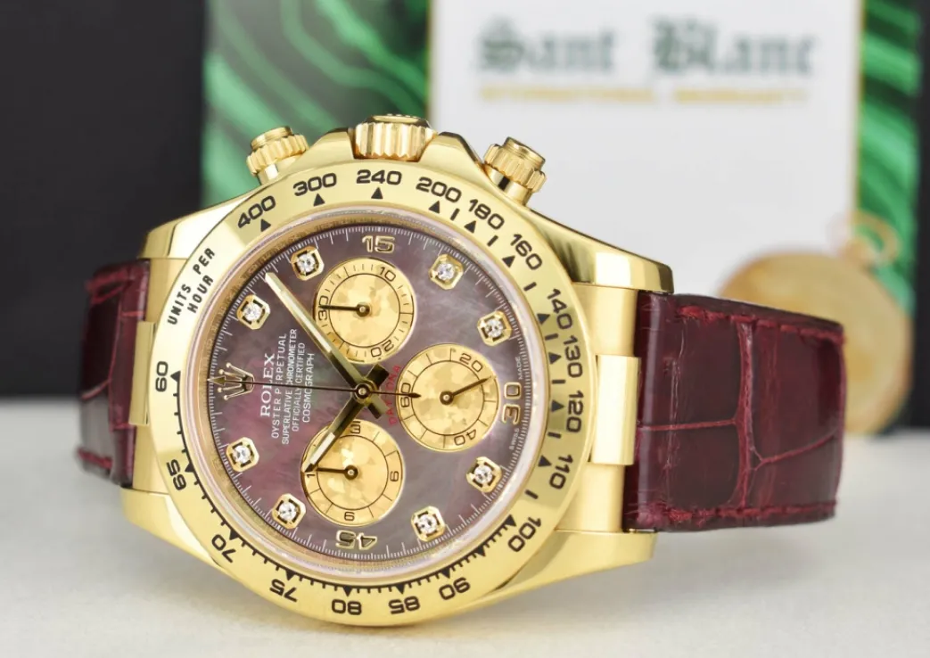 rolex_kt_gold_daytona_bur_4.webp Men's Watches | Racing Professional Watches | Sant Blanc ROLEX 18kt Gold DAYTONA Burgundy Strap Tahitian MOP Diamond Dial Model 116518