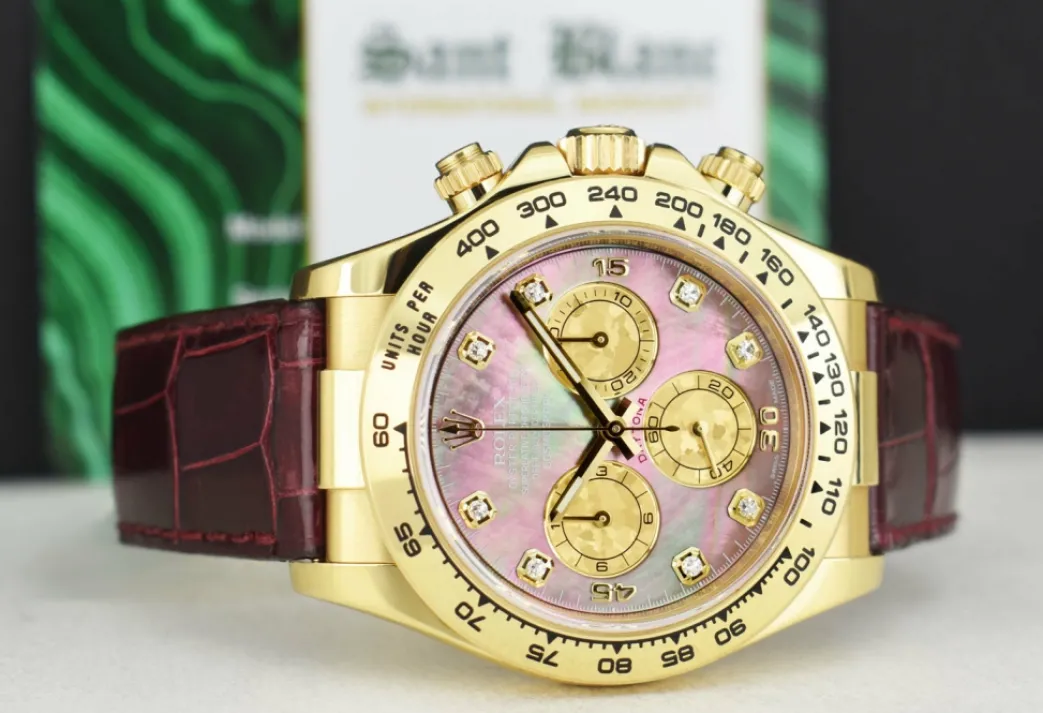 rolex_kt_gold_daytona_bur_5.webp Men's Watches | Racing Professional Watches | Sant Blanc ROLEX 18kt Gold DAYTONA Burgundy Strap Tahitian MOP Diamond Dial Model 116518