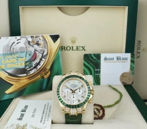 Racing Professional Watches | Sant Blanc ROLEX 18kt Gold Daytona MOP Arabic Dial Custom Green Baguette Bezel Diamond End PiecesModel 16518