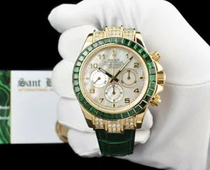 Racing Professional Watches | Sant Blanc ROLEX 18kt Gold Daytona MOP Arabic Dial Custom Green Baguette Bezel Diamond End PiecesModel 16518
