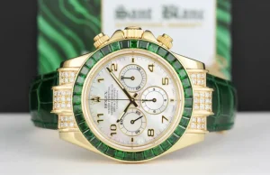 Racing Professional Watches | Sant Blanc ROLEX 18kt Gold Daytona MOP Arabic Dial Custom Green Baguette Bezel Diamond End PiecesModel 16518
